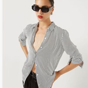Equipment Black and White Button Down Shirt with Mandarin Collar